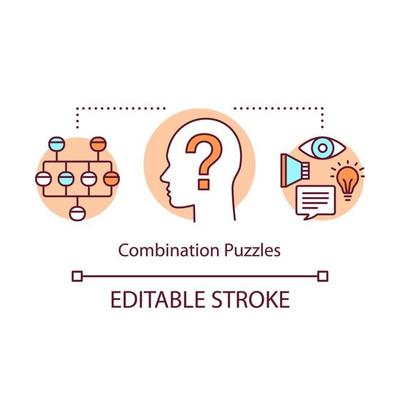 Combination puzzles concept icon. Strategy game solving algorithm idea thin line illustration. Different puzzle types synthesis. Problem solution. Vector isolated outline drawing. Editable stroke