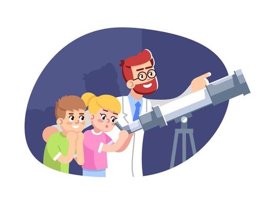 Astronomical classes for children flat vector illustration. Excursion to astrophysical laboratory. Popularization of space science. Kids watching sky through telescope cartoon characters