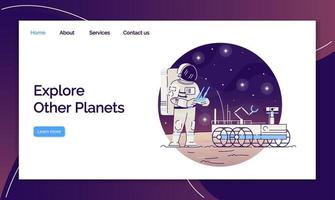 Explore other planets landing page vector template. Cosmonaut with moon rover website interface idea with flat illustrations. Space homepage layout. Spacewalk web banner, webpage cartoon concept