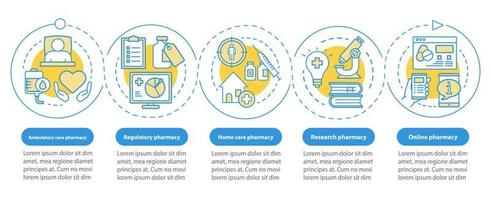 Pharmacy branches vector infographic template. Business presentation design elements. Data visualization with five steps and options. Process timeline chart. Workflow layout with linear icons