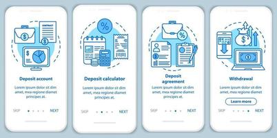 pantalla de la página de la aplicación móvil de incorporación de depósito bancario con conceptos lineales. cuenta de depósito y acuerdo. instrucciones gráficas de cuatro pasos de recorrido. ux, ui, plantilla vectorial gui con ilustraciones vector