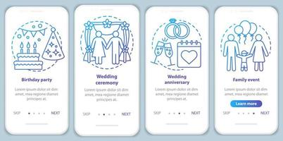 Event management, planning services onboarding mobile app page screen with concepts. Birthday party, wedding ceremony walkthrough graphic instructions. UX, UI, GUI vector template with illustrations