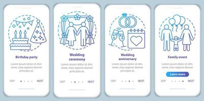 gestión de eventos, servicios de planificación incorporando la pantalla de la página de la aplicación móvil con conceptos. fiesta de cumpleaños, tutorial de ceremonia de boda instrucciones gráficas. ux, ui, plantilla vectorial gui con ilustraciones vector