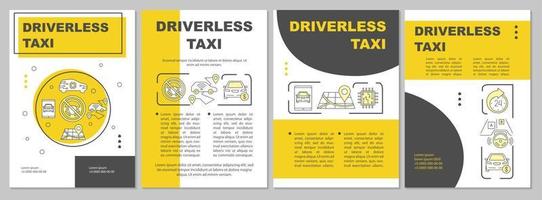 diseño de plantilla de folleto de taxi sin conductor. servicio de robo-taxi. folleto, folleto, diseño de impresión de folleto con ilustraciones lineales. diseños de páginas vectoriales para revistas, informes anuales, carteles publicitarios vector