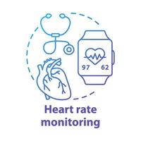 Heart rate monitoring tools concept icon. Cardiological health control idea thin line illustration. Stethoscope, smartwatch with pulse check option. Vector isolated outline drawing. Editable stroke..