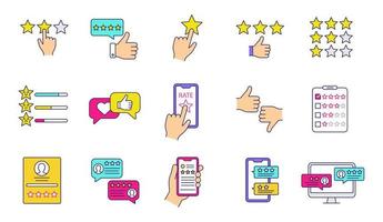 Rating color icons set. Customer feedback and reviews. Ranking. Service satisfaction. Likes and dislikes. Positive, negative reviews. Isolated vector illustrations