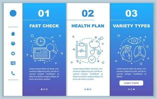 Medical services onboarding mobile web pages vector template. Diagnosis. Medical exam. Healthcare and medicine. Responsive smartphone website interface. Webpage walkthrough step screens