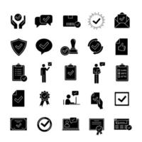 Approve glyph icons set. Quality assurance. Verification and validation. Confirmation. Certificates, awards, quality badges with checkmarks. Silhouette symbols. Vector isolated illustration