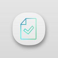 Document verification app icon. Test or exam successfully completed. UI UX user interface. Paper sheet with check mark. Approved. Web or mobile application. Vector isolated illustration