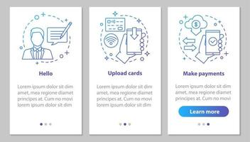 pantalla de la página de la aplicación móvil de incorporación de banca móvil con conceptos lineales. chat de soporte, carga de tarjetas de crédito, pasos de pago, instrucciones gráficas. ux, ui, plantilla vectorial gui con ilustraciones vector