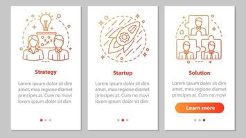 pantalla de la página de la aplicación móvil de incorporación de desarrollo empresarial con conceptos lineales. cooperación e interacción. estrategia, inicio, pasos de solución instrucciones gráficas. Ilustraciones de vectores ux, ui, gui