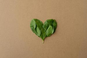 Green heart. Heart shape in fresh green spinach leaves. Valentines day. Green love, kraft background photo