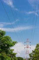 cable de poste de alta tensión y cielo azul con fondo de nubes foto