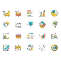 conjunto de iconos de color de gráfico y gráfico. diagrama circular histograma horizontal y vertical. gráfico de área diagrama de Venn. curva de Pareto. mapa de temperatura reloj polar gráfico de dispersión ilustraciones de vectores aislados