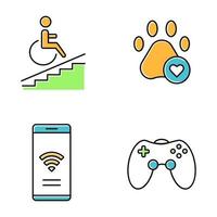 Apartment amenities color icons set. Wheelchair access, pets allowed, game room, free wifi. Property conveniences for millennial renters. Residential services. Isolated vector illustrations