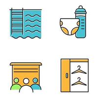 Apartment amenities color icons set. Swimming pool, toddler room, movie theater, walk-in closet. Residential services. Luxuries for dwelling inhabitants. Isolated vector illustrations
