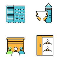 conjunto de iconos de color de las comodidades del apartamento. piscina, sala de niños pequeños, sala de cine, vestidor. servicios residenciales. lujos para los habitantes de la vivienda. ilustraciones de vectores aislados