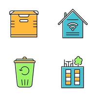 Apartment amenities color icons set. Smart home features, storage, recycling service, rooftop deck. Luxuries for dwelling inhabitants. Property conveniences for renters. Isolated vector illustrations