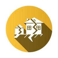 Earthquake yellow flat design long shadow glyph icon. Seismic activity. Temblor buildings destruction. Cracked ground and houses. Natural disaster. Vector silhouette illustration