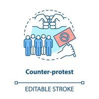 Counter protest concept icon. Public demonstration, disagreement manifestation idea thin line illustration. Hand holding placard, fists and crowd vector isolated outline drawing. Editable stroke