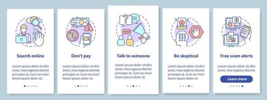 Scam prevention onboarding mobile app page screen with linear concepts. Search online. Five walkthrough steps graphic instructions. Free scam alerts. UX, UI, GUI vector template with illustrations