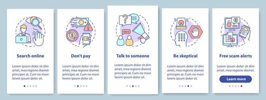 Scam prevention onboarding mobile app page screen with linear concepts. Search online. Five walkthrough steps graphic instructions. Free scam alerts. UX, UI, GUI vector template with illustrations