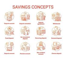 Savings concept icons set. Different banking systems, deposit account variety idea thin line illustrations. Passive income from savings account. Vector isolated outline drawings