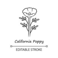 California poppy linear icon. Papaver rhoeas with name. Corn rose blooming wildflower. Herbaceous plants. Field poppy. Thin line illustration. Vector isolated outline drawing. Editable stroke