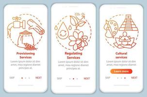 Ecosystem services red onboarding mobile app page screen vector template. Provisioning and cultural service. Walkthrough website steps with linear icons. UX, UI, GUI smartphone interface concept