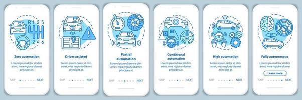 Driverless car stages onboarding mobile app page screen with linear concepts. Vehicle development walkthrough steps graphic instructions. UX, UI, GUI vector template with illustrations