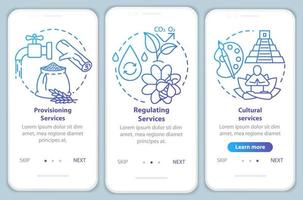 Ecosystem services blue onboarding mobile app page screen with linear concepts. Supporting and cultural service walkthrough steps graphic instructions. UX, UI, GUI vector template with illustrations