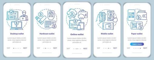 Cryptocurrency wallets types onboarding mobile app page screen with linear concepts. Electronic bitcoin currency transactions walkthrough blue gradient graphic instruction. UX, UI, GUI vector template