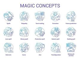 Magic concept icons set. Occultism, sorcery and witchcraft idea thin line illustrations. Various spells and alchemy potions. Fortune telling and divination service. Vector isolated outline drawings