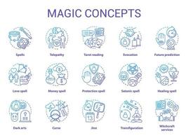 Magic concept icons set. Occultism, sorcery and witchcraft idea thin line illustrations. Various spells and alchemy potions. Fortune telling and divination service. Vector isolated outline drawings