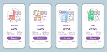 Subscription prices onboarding mobile app screens templates. Walkthrough website vector pages. Digital services costs. Tariff plans steps. Smartphone payment web page layout