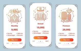 Tariff plans onboarding mobile app screens vector templates. Walkthrough website pages interface. Monthly, annual, premium service prices. Smartphone subscription payment web page layout