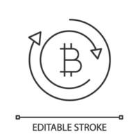 Bitcoin exchange linear icon. Digital currency transaction. Thin line illustration. Cryptocurrency mining. Bitcoin coin with arrows. Contour symbol. Vector isolated outline drawing. Editable stroke