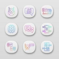 Chatbots app icons set. UI UX user interface. Graph, support, code, messenger, chat bots. Modern robots. Chatterbots. Virtual assistants. Web or mobile applications. Vector isolated illustrations