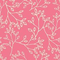 Seamless pattern with white outline drawings of meadow herbs on pink background. Twig with small leaves. Good print for wallpaper, textile, wrapping paper, ceramic tiles. Vector illustration