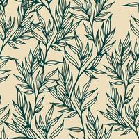 Seamless pattern with outline drawn twigs of meadow herbs. Dark line art on beige background. Botanical vector illustration. Good print for wallpaper, textile, wrapping paper, ceramic tiles