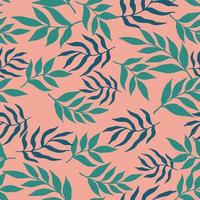 Seamless vector pattern in contemporary style with simple silhouettes of blue and green leaves on pink background. Good print for wallpaper, textile, wrapping paper, ceramic tiles