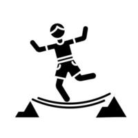 Highlining glyph icon. Slacklining. Walking and balancing on tightrope. Slackliner in mountains. Extreme sport stunt. Walker on rope. Silhouette symbol. Negative space. Vector isolated illustration