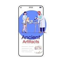Ancient artifacts smartphone app screen. Mobile phone displays with cartoon characters design mockup. Scientists archeological researches. Laboratory application telephone interface