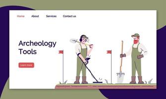 Archeology tools landing page vector template. Field survey website interface idea with flat illustrations. Historical research homepage layout. Treasure searching web banner, webpage cartoon concept