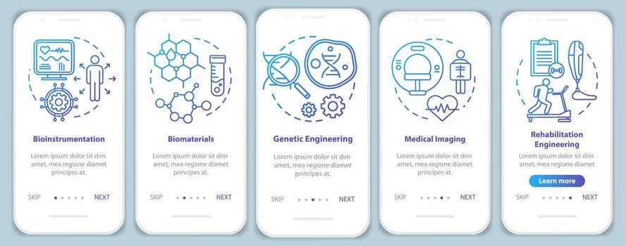Bioengineering onboarding mobile app page screen vector template. Medical imaging. Bioinstrumentation. Walkthrough website steps with linear illustrations. UX, UI, GUI smartphone interface concept