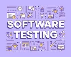 Software testing violet word concepts banner. Examine computer program component. Detect bugs. Presentation, website. Isolated lettering typography idea with linear icons. Vector outline illustration