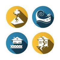 conjunto de iconos de glifo de sombra larga de diseño plano de desastres naturales. riesgos geológicos y atmosféricos. inundación, tsunami, erupción volcánica, terremoto. fuerza destructiva de la naturaleza. ilustración de silueta vectorial vector