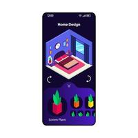 Home 3d design app smartphone interface vector template. Mobile page modern layout. Interior design software screen. Room decorating and house planning widget. Flat UI for application. Phone display