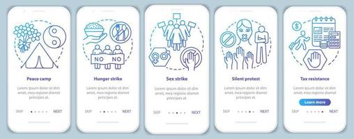 protesta pacífica incorporando plantilla de vector de pantalla de página de aplicación móvil. Pasos del sitio web de demostración pública no violenta con ilustraciones lineales. ux, ui, concepto de interfaz de teléfono inteligente gui