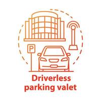 Driverless parking valet concept icon. Smart parking technology. City car-park. Stand for robotic vehicles idea thin line illustration. Vector isolated outline drawing. Editable stroke